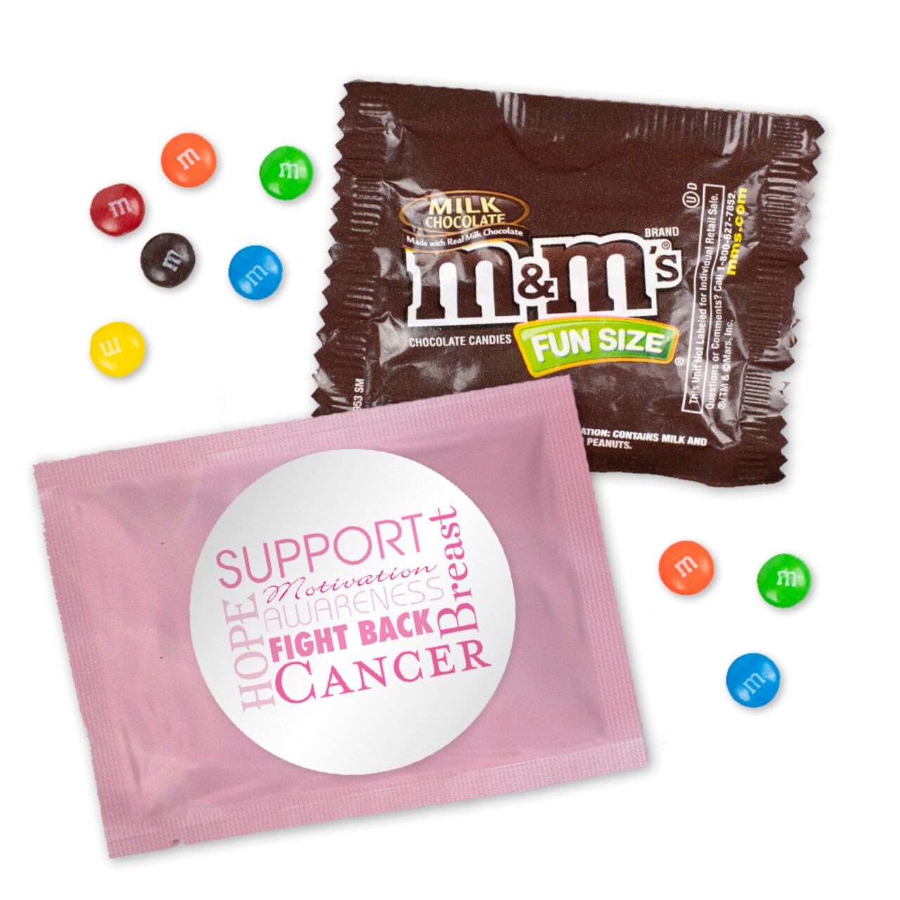 24 Pcs Breast Cancer Awareness M&M's Candy Favor Packs - Milk Chocolate - Word Cloud
